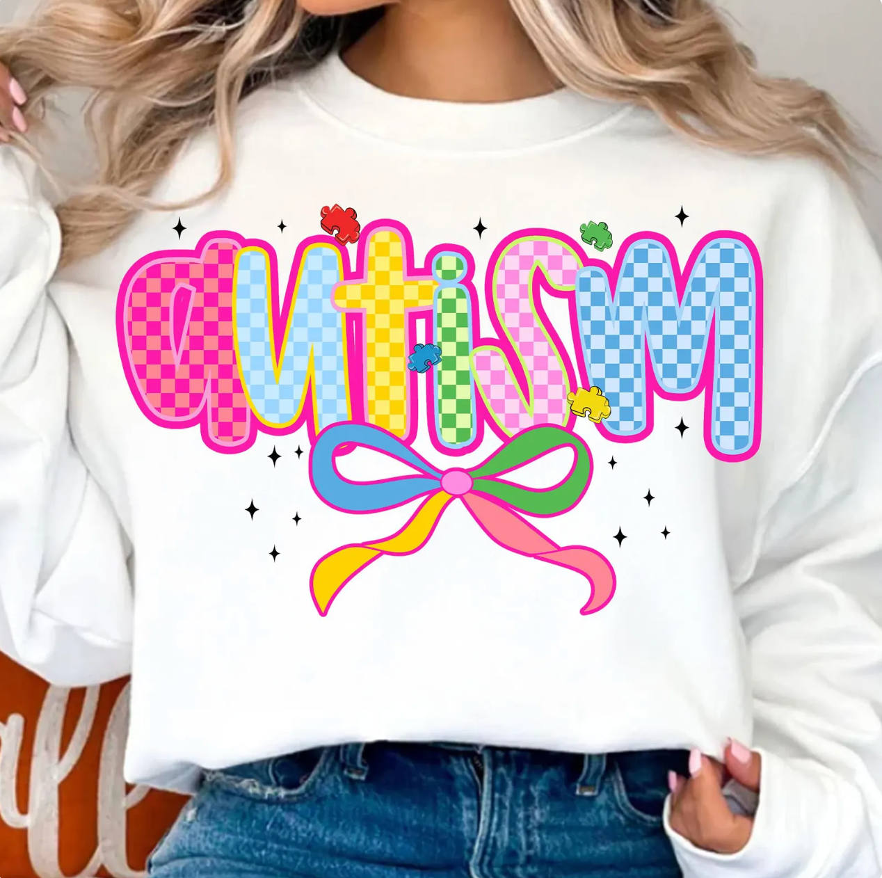 Checkered Autism Awareness Bow Sweater